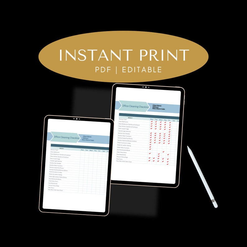 May include: Two digital tablets displaying a printable office cleaning checklist. The checklist includes tasks such as cleaning bathrooms, dusting, and vacuuming. The checklist is organized by day of the week. The tablets are on a black background.