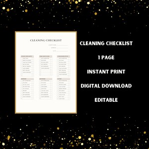 Puede incluir: Una lista de verificaci&oacute;n de limpieza imprimible con un esquema de color marr&oacute;n y blanco. La lista de verificaci&oacute;n se titula "Cleaning Checklist" e incluye secciones para "Outdoor Porch/Entry", "Front Entry/Mudroom", "Living/Dining/Office", "Bedrooms", "Bathrooms" y "Kitchen". La lista de verificaci&oacute;n tambi&eacute;n est&aacute; etiquetada como "1 Page", "Instant Print", "Digital Download" y "Editable".