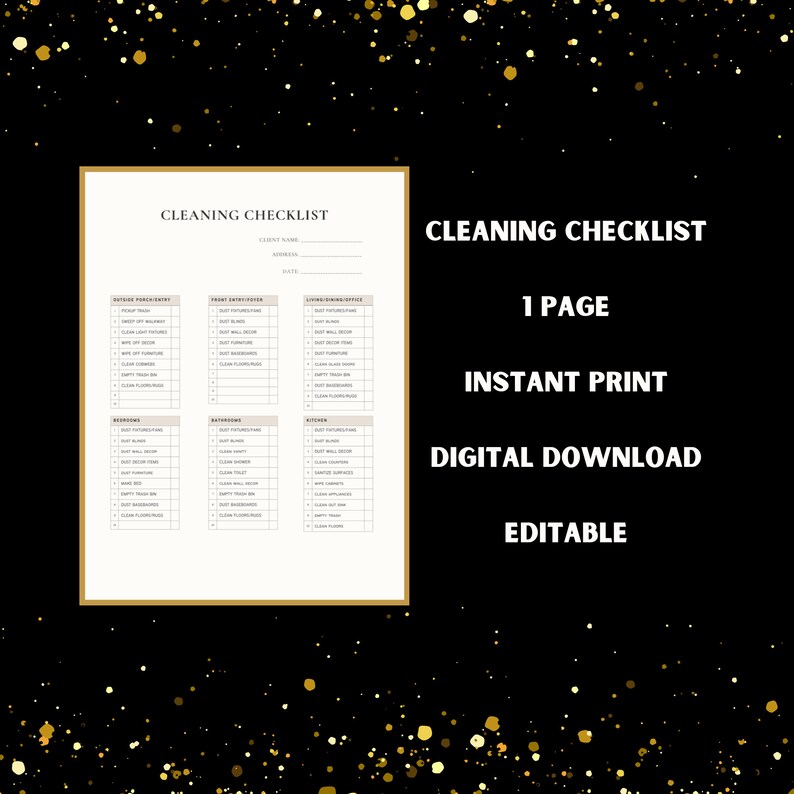 Puede incluir: Una lista de verificaci&oacute;n de limpieza imprimible con un esquema de color marr&oacute;n y blanco. La lista de verificaci&oacute;n se titula "Cleaning Checklist" e incluye secciones para "Outdoor Porch/Entry", "Front Entry/Mudroom", "Living/Dining/Office", "Bedrooms", "Bathrooms" y "Kitchen". La lista de verificaci&oacute;n tambi&eacute;n est&aacute; etiquetada como "1 Page", "Instant Print", "Digital Download" y "Editable".