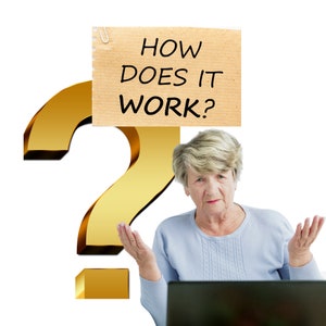 May include: A woman with short blonde hair is looking at the camera with a confused expression. She is holding a laptop computer and a sign above her head that says "HOW DOES IT WORK?"  A large gold question mark is in the background.