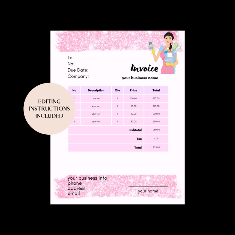 May include: Pink and white invoice template with a cartoon illustration of a woman holding cleaning supplies. The invoice includes a table with columns for description, quantity, price, and total. The text "Invoice" is at the top of the page, followed by "your business name".