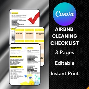 May include: A printable checklist for cleaning an Airbnb property. The checklist is divided into three sections: bathrooms, bedrooms, and kitchen. Each section includes a list of tasks to be completed, such as cleaning surfaces, dusting furniture, and replacing linens. The checklist is designed to help Airbnb hosts ensure that their properties are clean and ready for guests.