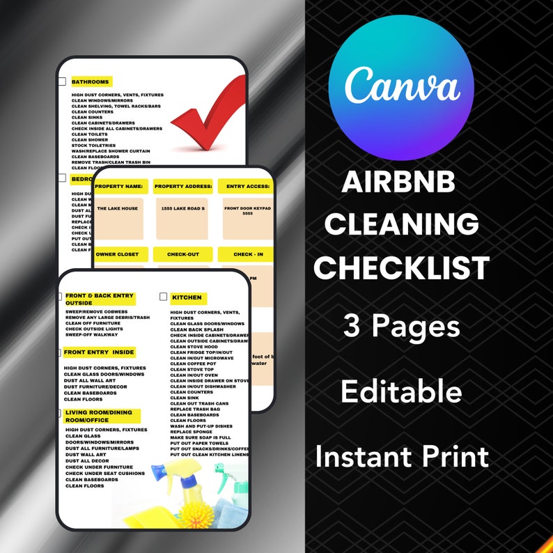 May include: A printable checklist for cleaning an Airbnb property. The checklist is divided into three sections: bathrooms, bedrooms, and kitchen. Each section includes a list of tasks to be completed, such as cleaning surfaces, dusting furniture, and replacing linens. The checklist is designed to help Airbnb hosts ensure that their properties are clean and ready for guests.