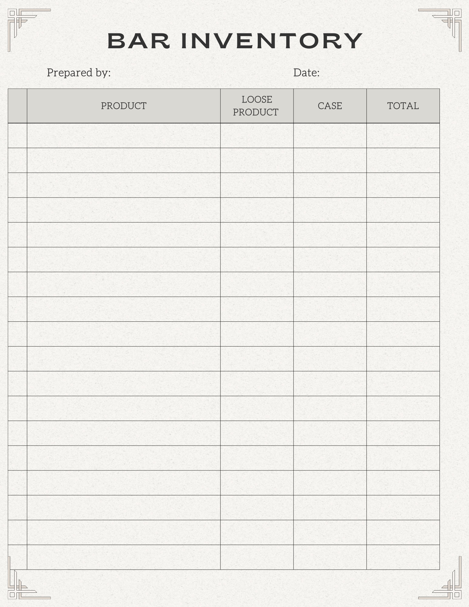 Restaurant Inventory Template. Supply Order List. Printable. Editable