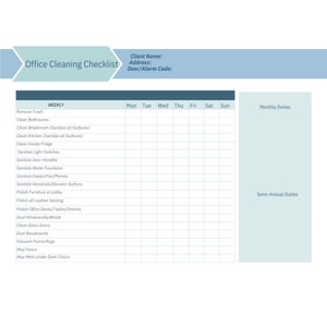 May include: A printable office cleaning checklist with a weekly, monthly, and semi-annual cleaning schedule. The checklist includes tasks such as removing trash, cleaning bathrooms, sanitizing surfaces, and polishing furniture.