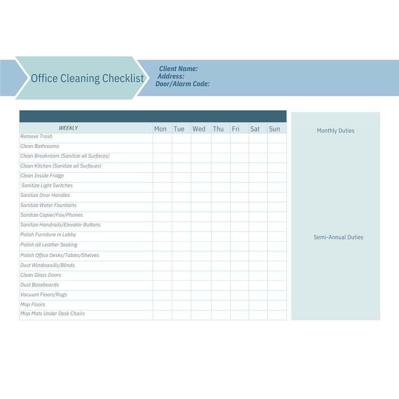 May include: A printable office cleaning checklist with a weekly, monthly, and semi-annual cleaning schedule. The checklist includes tasks such as removing trash, cleaning bathrooms, sanitizing surfaces, and polishing furniture.