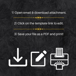 Puede incluir: Una ilustraci&oacute;n en blanco y negro que muestra tres pasos para descargar, editar e imprimir un documento. El primer paso es un icono de descarga, el segundo paso es un l&aacute;piz en un cuadrado y el tercer paso es un icono de impresora.
