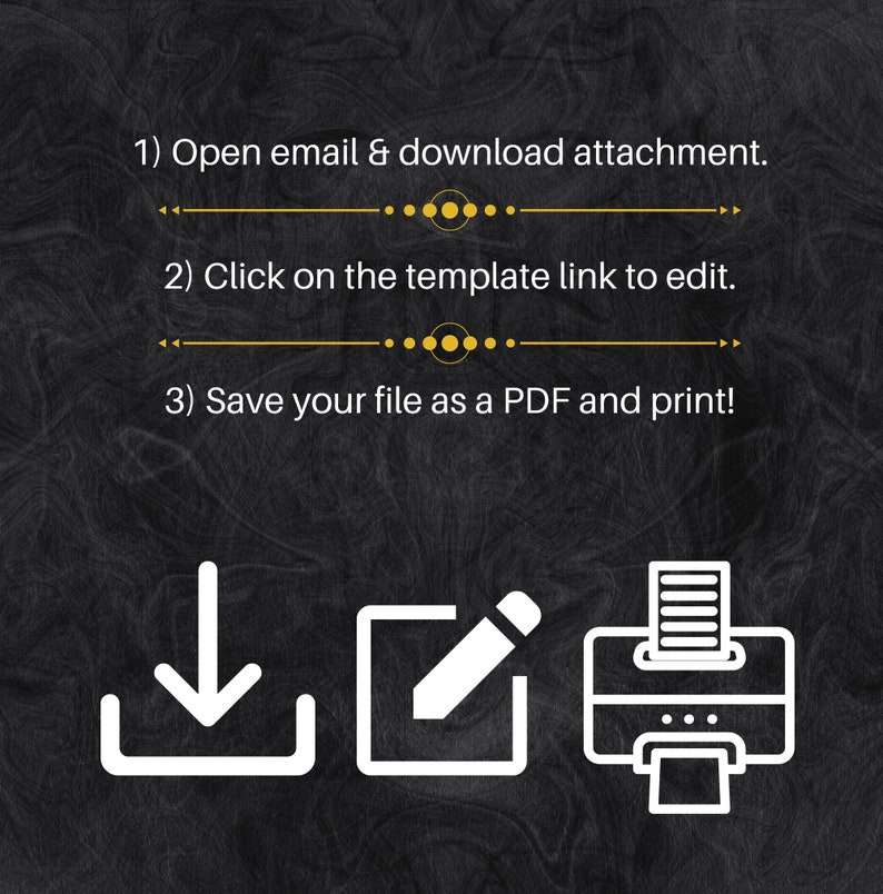 Puede incluir: Una ilustraci&oacute;n en blanco y negro que muestra tres pasos para descargar, editar e imprimir un documento. El primer paso es un icono de descarga, el segundo paso es un l&aacute;piz en un cuadrado y el tercer paso es un icono de impresora.