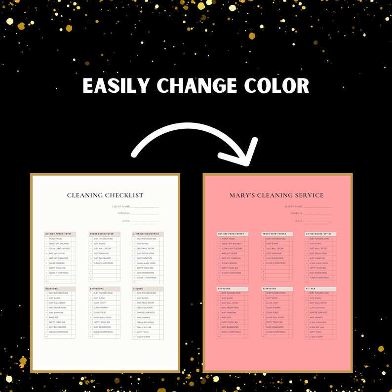 Puede incluir: Una plantilla de lista de verificaci&oacute;n de limpieza imprimible con dos opciones de color: blanco y rosa. La lista de verificaci&oacute;n incluye secciones para el exterior, la entrada, la sala de estar, los dormitorios, los ba&ntilde;os y la cocina.