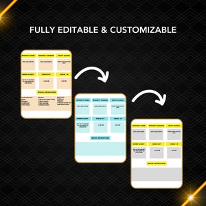 May include: Three editable and customisable templates for a house check-in and check-out guide. The templates include sections for property name, address, entry access, owner closet, check-out and check-in times, and special instructions. The templates are in a light blue and grey colour scheme with gold accents.