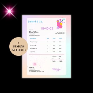 May include: A pink and blue invoice with a cartoon illustration of a cleaning supply bucket. The invoice is for Olivia Wilson and includes a list of 7 design services with a total cost of $1,200.