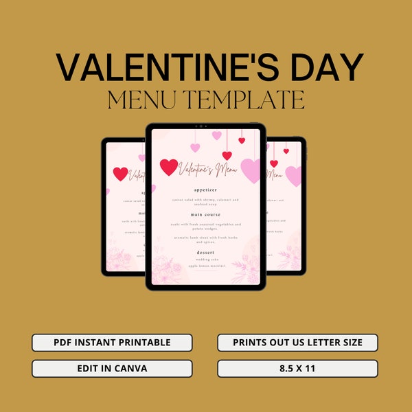 Modello per menu di San Valentino, stampa istantanea e modificabile, download digitale di file PDF