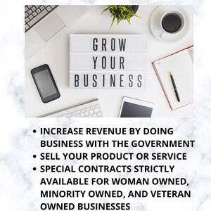 May include: A white desk with a light-up sign displaying "GROW YOUR BUSINESS." A smartphone, tablet, keyboard, notebook, pen, and coffee cup are also present. Text below the sign outlines business growth strategies.
