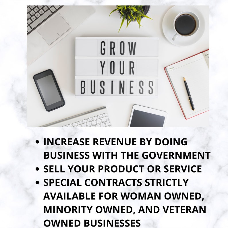 May include: A white desk with a light-up sign displaying "GROW YOUR BUSINESS." A smartphone, tablet, keyboard, notebook, pen, and coffee cup are also present. Text below the sign outlines business growth strategies.