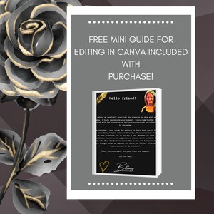 Puede incluir: Una imagen en blanco y negro de una mujer con una sonrisa amigable. La imagen es un gr&aacute;fico promocional para una mini gu&iacute;a gratuita para editar en Canva. El texto dice "&iexcl;Mini gu&iacute;a gratuita para editar en Canva incluida con la compra!" y "&iexcl;Hola amigo!"
