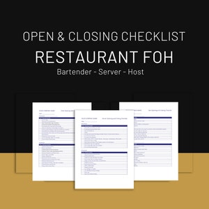 FOH Opening & Closing Checklist Template. Server Sidework. Bartender Open list. Server Opening Checklist. Restaurant Checklist. Opening list