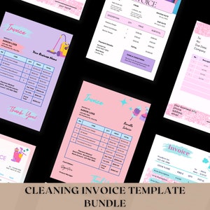 May include: A bundle of cleaning invoice templates in pink, purple, and blue with a whimsical design featuring stars, cleaning supplies, and the text "Barcelle Interior".