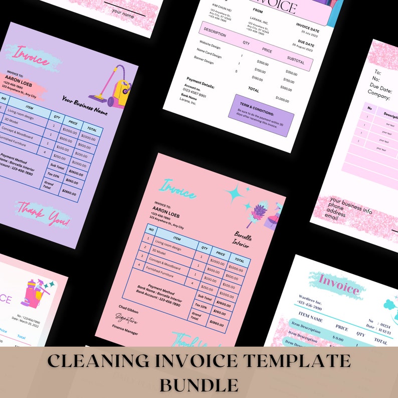 May include: A bundle of cleaning invoice templates in pink, purple, and blue with a whimsical design featuring stars, cleaning supplies, and the text "Barcelle Interior".