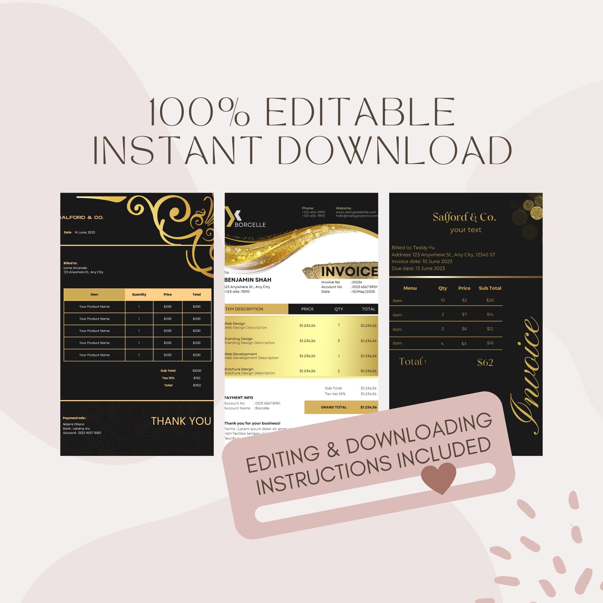 Black & Gold Invoice Template: Editable Business Receipt (digital ...