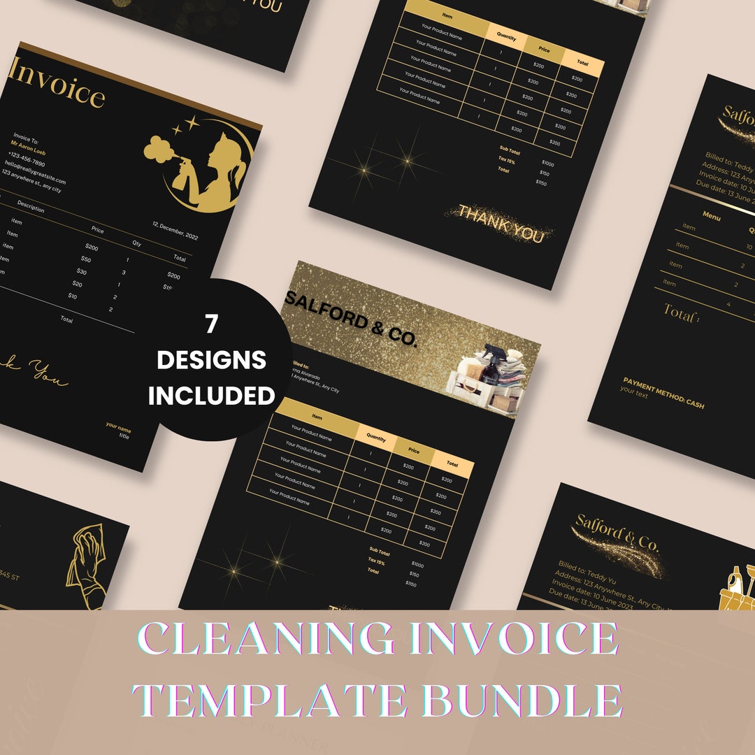 Printable Cleaning Invoice Template Bundle. 7 Invoice Designs for ...