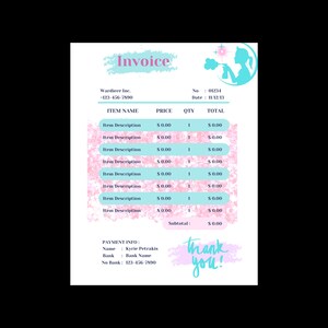 May include: A pink and blue invoice with a cartoon cleaning lady holding a spray bottle. The invoice is for Wardiere Inc. and includes a list of items with prices and quantities. The total is $0.00. The payment information includes the name Kyrie Petrakis, the bank name, and the bank number. The invoice also includes the text "thank you!" in pink and blue.