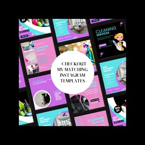 May include: A collection of nine Instagram post templates for a cleaning service business. The templates feature a pink and blue color scheme with images of cleaning supplies and a cartoon woman. The text on the templates includes "Best Cleaning Service", "Professional Cleaning", "Cleaning Services", and "40% Off".