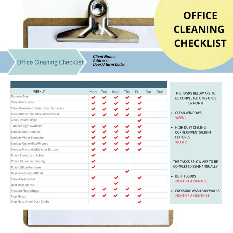 Office/janitorial Cleaning Checklist Template Commercial Etsy