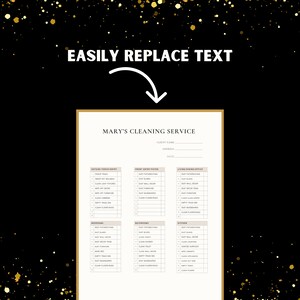 Puede incluir: Una lista de verificaci&oacute;n de limpieza imprimible con el t&iacute;tulo "Mary's Cleaning Service". La lista incluye secciones para el porche/entrada exterior, la entrada principal, la sala de estar/comedor/oficina, los dormitorios, los ba&ntilde;os y la cocina. Cada secci&oacute;n enumera tareas de limpieza como desempolvar, limpiar y limpiar los pisos.