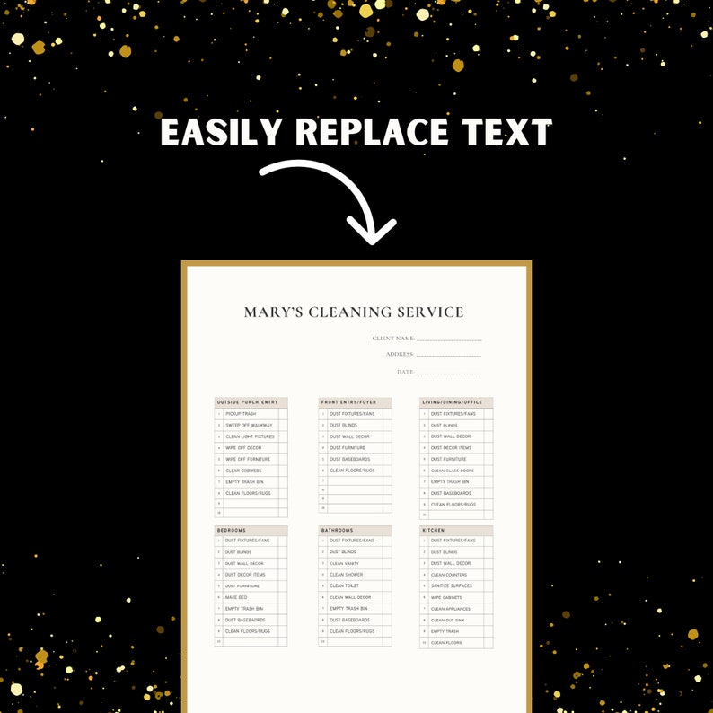 Puede incluir: Una lista de verificaci&oacute;n de limpieza imprimible con el t&iacute;tulo "Mary's Cleaning Service". La lista incluye secciones para el porche/entrada exterior, la entrada principal, la sala de estar/comedor/oficina, los dormitorios, los ba&ntilde;os y la cocina. Cada secci&oacute;n enumera tareas de limpieza como desempolvar, limpiar y limpiar los pisos.