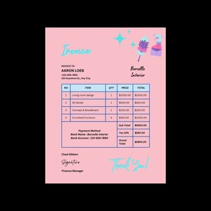 May include: A pink invoice with a whimsical design featuring a cleaning brush and a bottle of cleaning solution. The invoice is for interior design services from Borcelle Interior and is addressed to Aaron Loeb. The invoice lists four items with their quantities, prices, and totals. The total amount due is $2860.00.