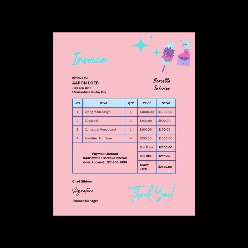 May include: A pink invoice with a whimsical design featuring a cleaning brush and a bottle of cleaning solution. The invoice is for interior design services from Borcelle Interior and is addressed to Aaron Loeb. The invoice lists four items with their quantities, prices, and totals. The total amount due is $2860.00.