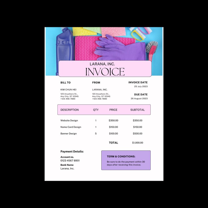 May include: Invoice for website, name card, and banner design services from Larana, Inc. The invoice is dated July 25, 2023, and is due on August 26, 2023. The total amount due is $1,000.00.