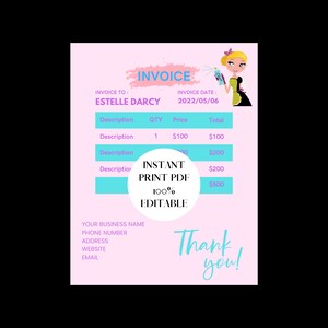May include: Pink and blue invoice template with a cartoon illustration of a woman holding a spray bottle. The invoice is titled "Invoice" and includes the text "Instant Print PDF 100% Editable".