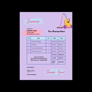 May include: Invoice for interior design services with a total of $2860.00. The invoice includes items such as living room design, 3D model, concept and moodboard, and furnished furniture. The invoice is on a light purple background with a cartoon vacuum cleaner in the top right corner.