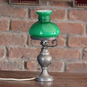 Vintage Table Lamp, Green Opaline Glass Lampshade, gray metal Body, mid-century Art deco Lamp