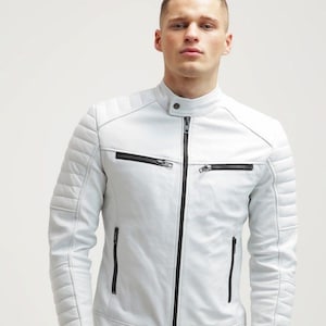 Men&#39;s Stylish Handmade Leather Jacket Premium Quality White Lambskin Motorcycle Slim fit Biker Jacket TM001