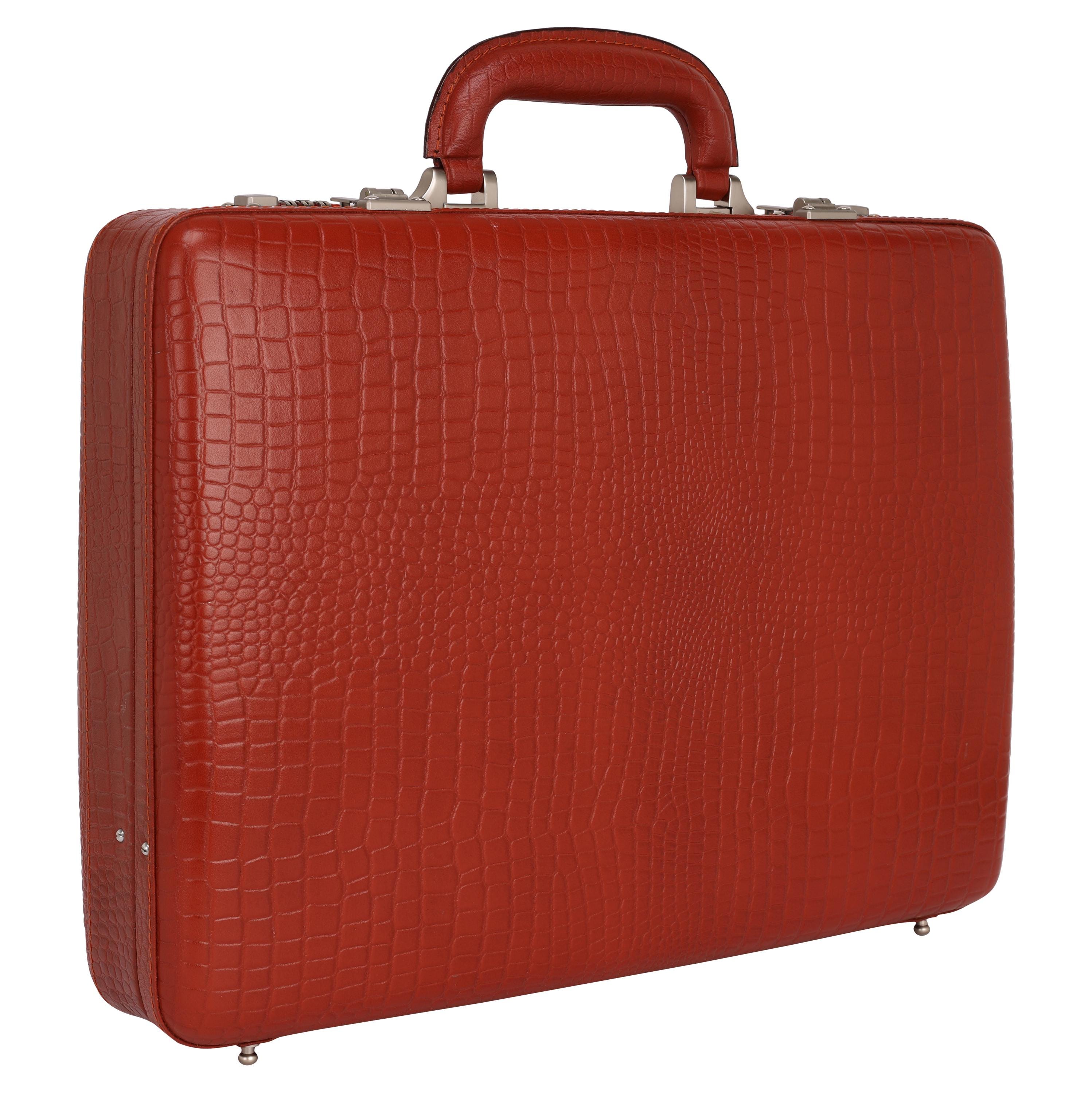 Tan Leather Croco Briefcase: Expandable Design, Security Lock