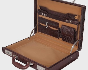 Cowhide Leather Briefcase Attache 12x17x3 inches with Expandable Design and Security Number Lock
