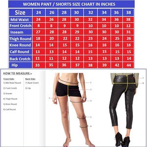 May include: A size chart for women's pants and shorts, with measurements in inches. The chart includes sizes 24-38, detailing mid-waist, front crotch, inseam, thigh round, knee round, calf round, back crotch, and hip measurements.