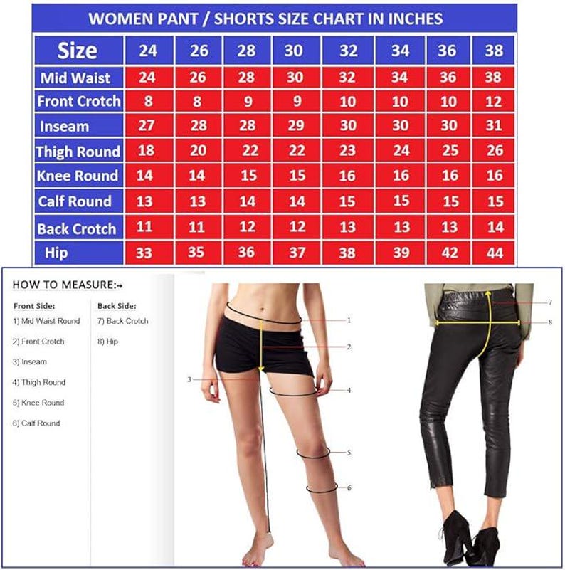 May include: A size chart for women's pants and shorts, with measurements in inches. The chart includes sizes 24-38, detailing mid-waist, front crotch, inseam, thigh round, knee round, calf round, back crotch, and hip measurements.