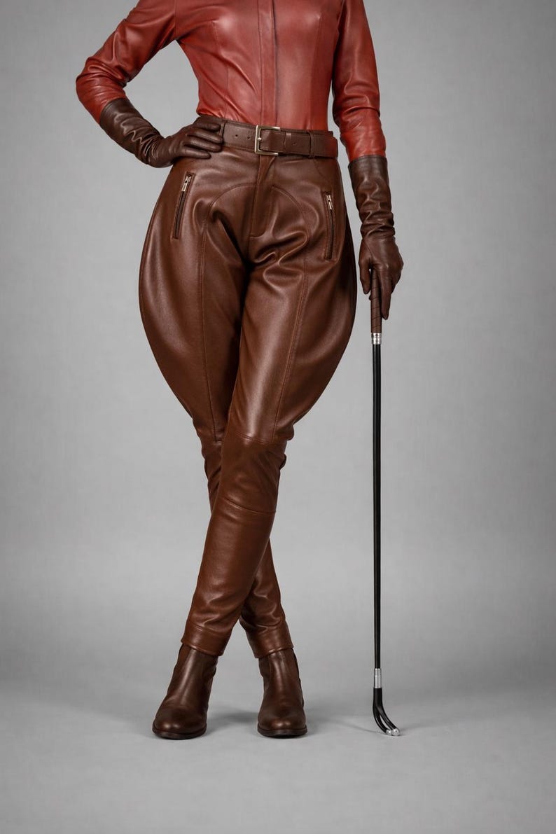 May include: A brown leather riding outfit, including a fitted shirt, jodhpurs, gloves, belt, and boots. The outfit is paired with a riding crop. The clothing is a rich brown color, and the background is a solid gray.