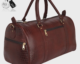 Full Grain Croco Leather Duffel Travel Bag for Holiday Weekend with Padlock