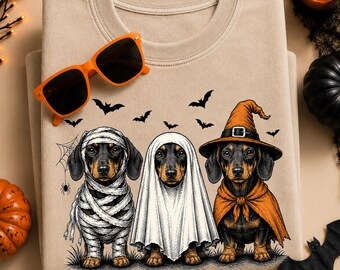Halloween Dackel PNG, gruseliger Dackel Hund PNG, Ghost Witch Mummy Dackel Design, Hundemama Halloween Sublimation