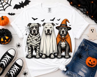 Halloween Pitbull PNG, Spooky Pitbull Dog PNG, Ghost Witch Mummy Pitbull Design, Dog Mom Halloween Sublimation