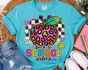 Back to School Vibes PNG, Teacher Shirt PNG, Leopard Apple, Retro Teacher Design, Colorful Classroom PNG, School Vibes