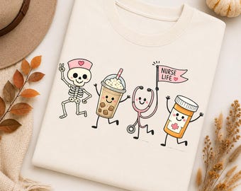 Fall Nurse Life PNG, Cozy Iced Coffee Nurse Skeleton PNG, Spooky Season Nurse Sublimation, Autumn Healthcare Digital Download
