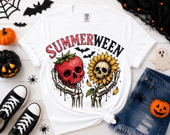 Gothic Summerween PNG, Strawberry Skull PNG, Sunflower Skull PNG, Halloween Summer, Sublimation Design, Retro Spooky png
