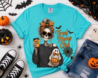 Tired Moms Club PNG, Halloween Mom PNG, Spooky Skeleton Mama, Ghost Coffee Mom, Fall Sublimation Design