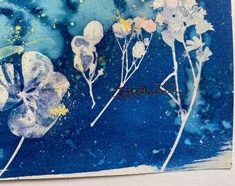 3 songbirds in rain original cyanotype artwork
