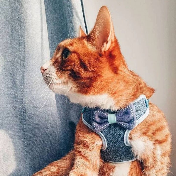 ADJUSTABLE CAT HARNESS - Bowtie Cat Harness, Cat Vest, Small, Medium, Large, Kitten Harness, Pet Lover Gift